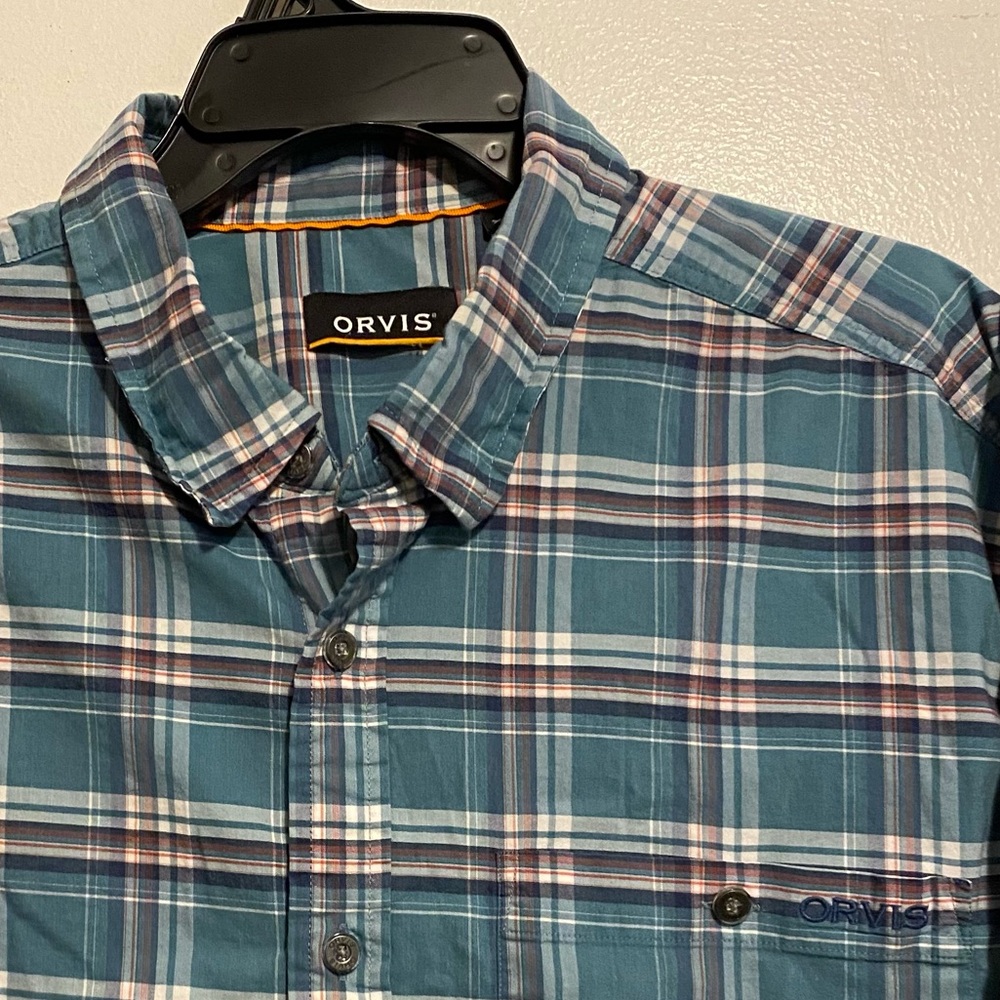 Orvis Men's Blue Plaid Shirt Button Down Size XL Pockets LongSleeve Stretch‎